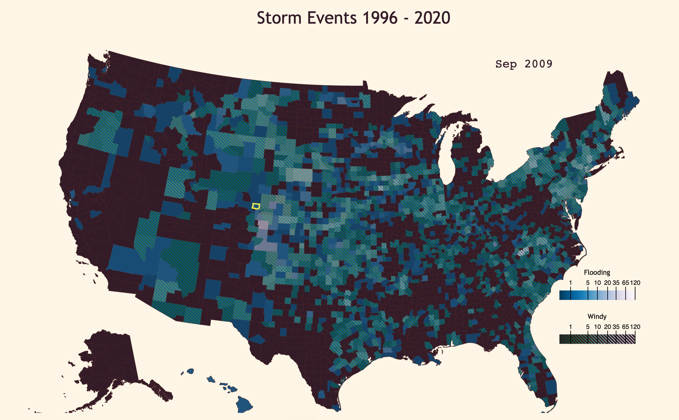Greens and blues color US counties, showing storm prevelance.